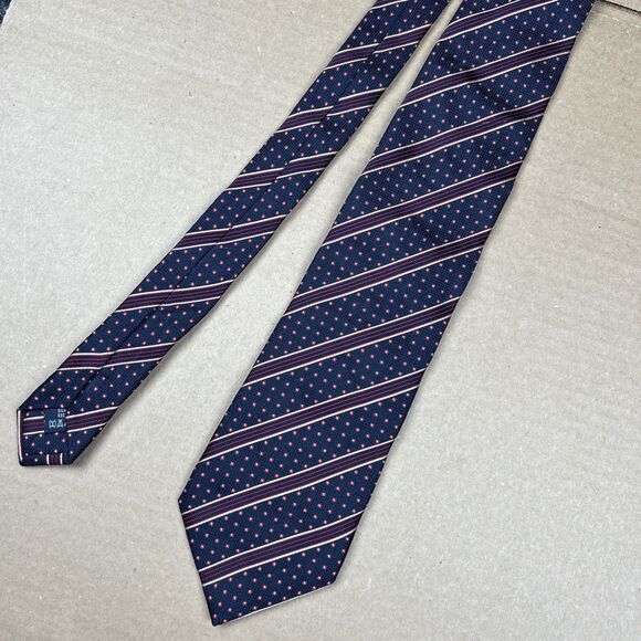 Burberry London Tie 59” X 3.5” Silk Navy Blue Stripes Dots Made In Italy - Picture 1 of 6